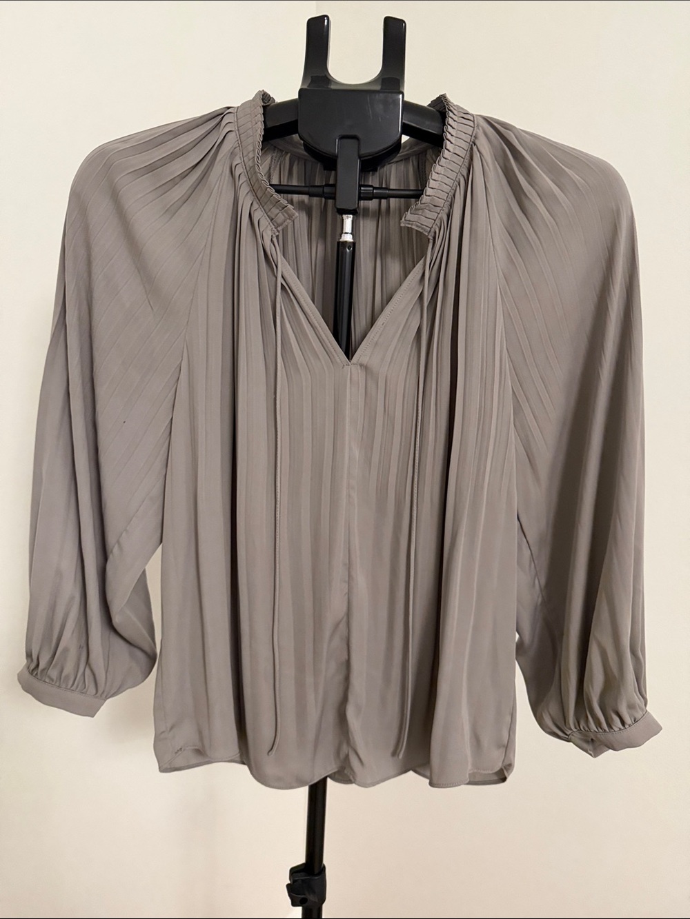 Current Air Pleated V-Neck Blouse in Taupe Gray